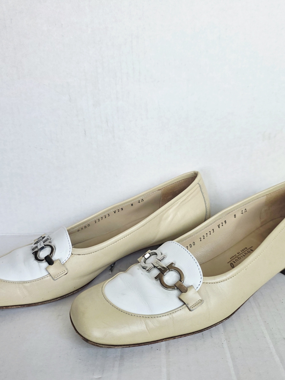 Salvatore Ferragamo Cream and White Leather Metal-Bit Loafers 7